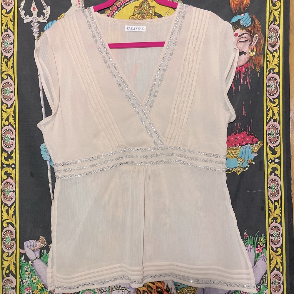 Kaelyn Max Deco-Roman Regency style gauzy, pink rayon top w/beaded decoration